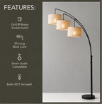 3-Head Arc Floor Lamp with Woven Rattan Drum Shades