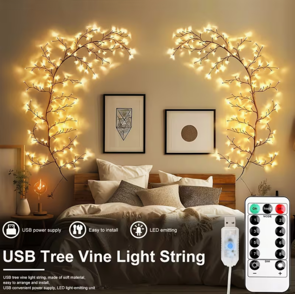 6 Foot LED Vine Branch Wall Light – 96 LEDs, 8 Modes, Warm White with Remote
