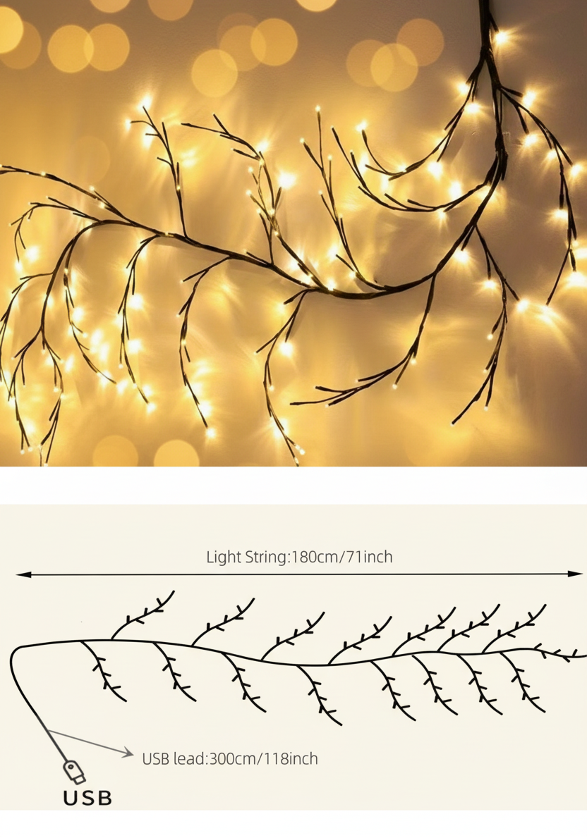 6 Foot LED Vine Branch Wall Light – 96 LEDs, 8 Modes, Warm White with Remote