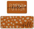 Two rectangular fall-themed home decor pieces on a white background: a smaller top piece reading “PUMPKIN hello” in white lettering on an orange-brown textured background, and a larger bottom piece covered in small pumpkin illustrations with “HELLO fall” in script at the lower right.