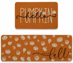 Two rectangular fall-themed home decor pieces on a white background: a smaller top piece reading “PUMPKIN hello” in white lettering on an orange-brown textured background, and a larger bottom piece covered in small pumpkin illustrations with “HELLO fall” in script at the lower right.