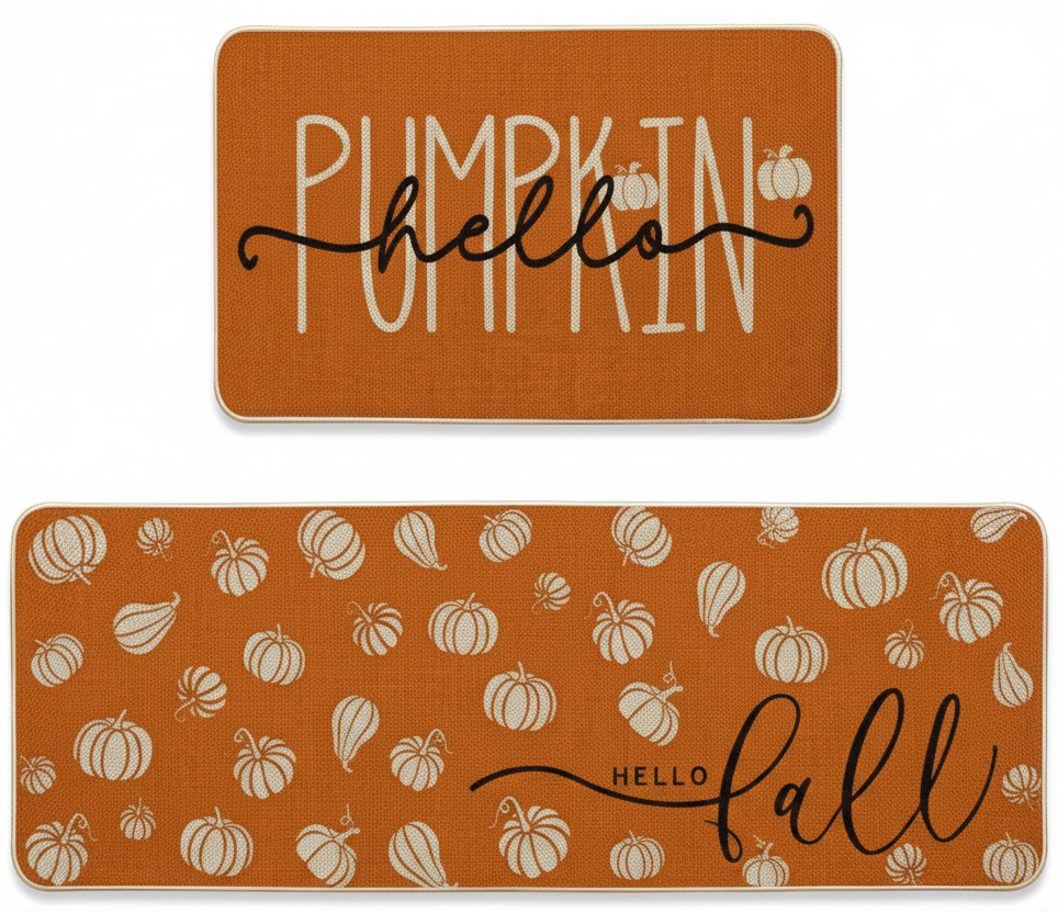 Two rectangular fall-themed home decor pieces on a white background: a smaller top piece reading “PUMPKIN hello” in white lettering on an orange-brown textured background, and a larger bottom piece covered in small pumpkin illustrations with “HELLO fall” in script at the lower right.