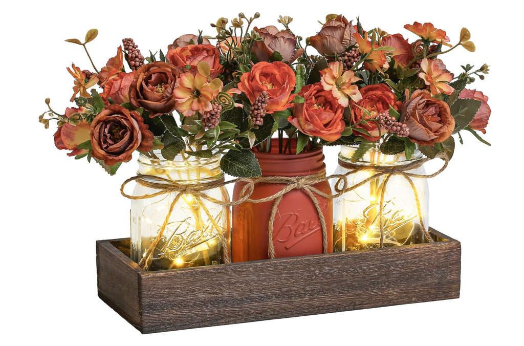 Fall Mason Jar Centerpiece with LED Fairy Lights & Silk Flowers