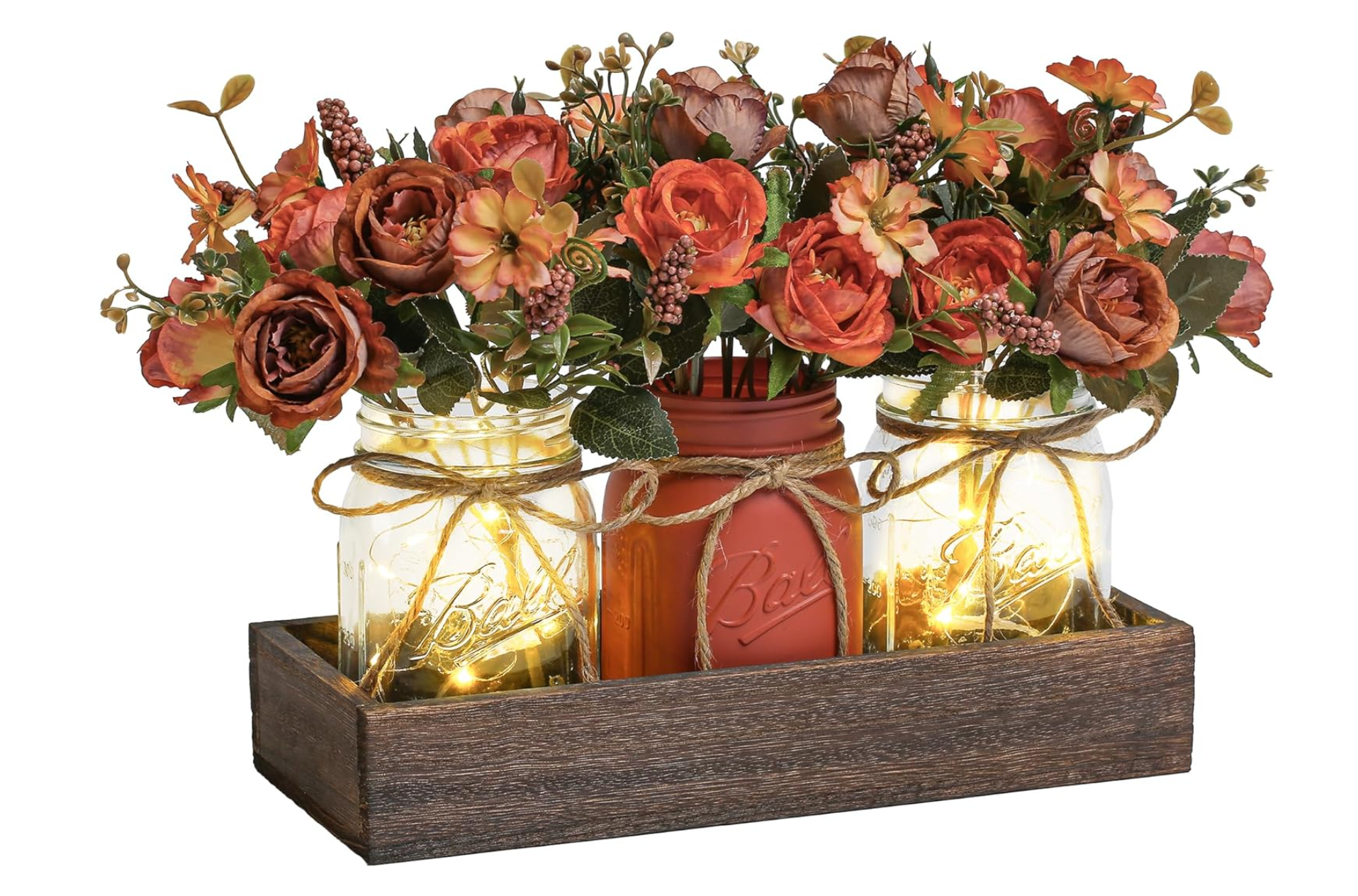 Fall Mason Jar Centerpiece with LED Fairy Lights & Silk Flowers