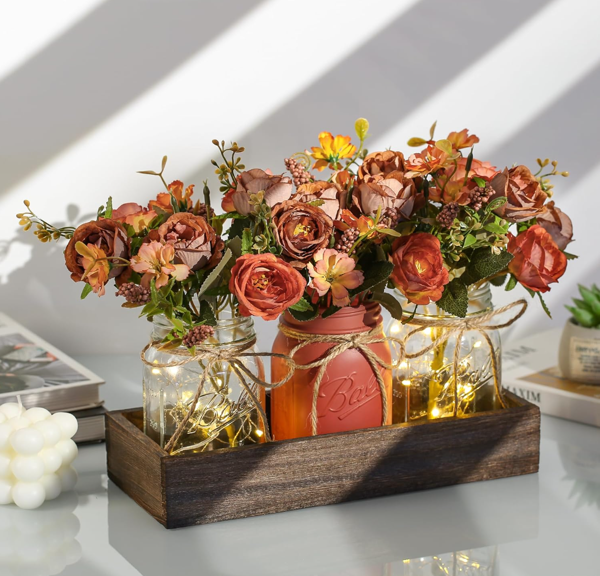 Fall Mason Jar Centerpiece with LED Fairy Lights & Silk Flowers