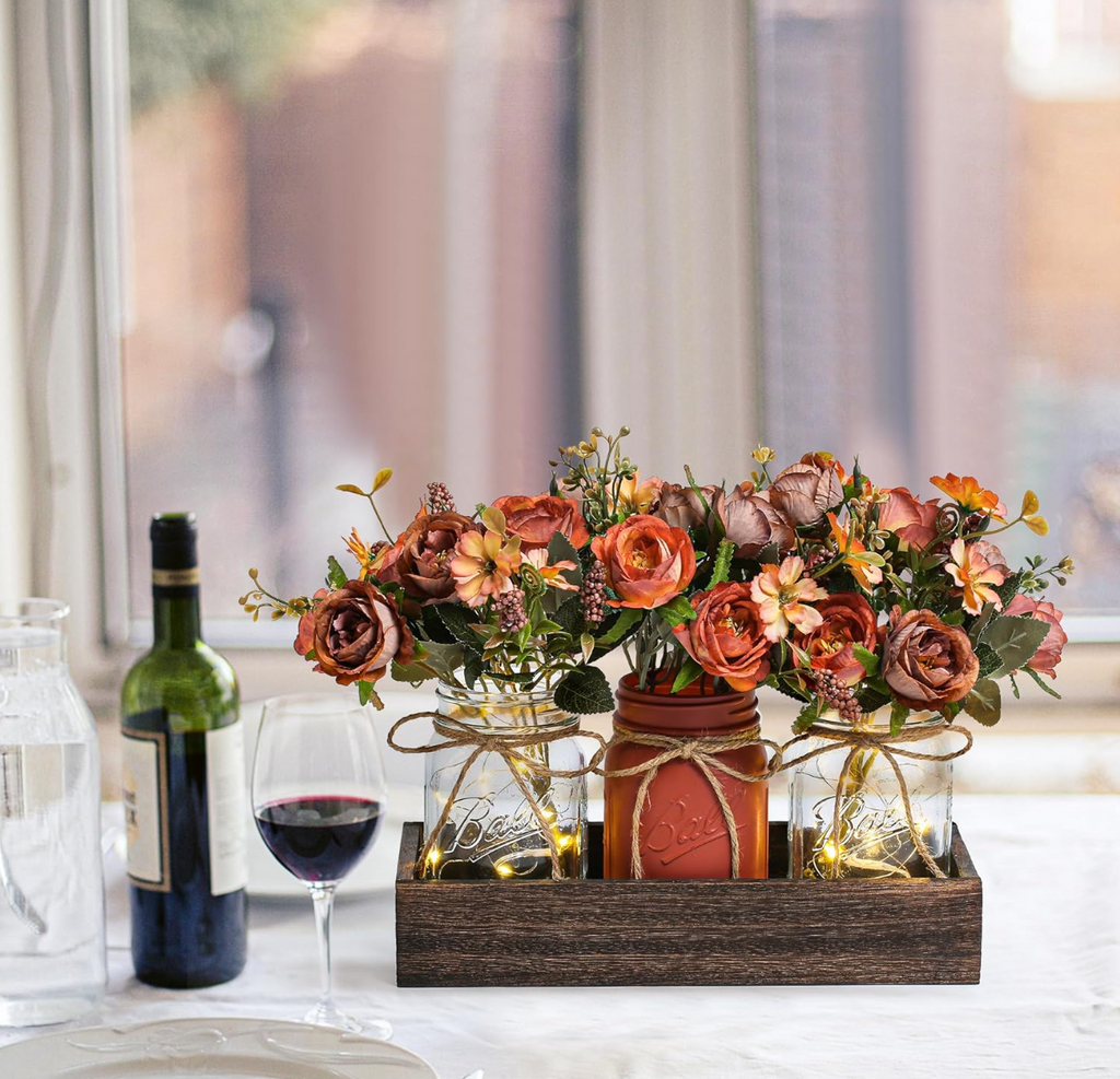Fall Mason Jar Centerpiece with LED Fairy Lights & Silk Flowers