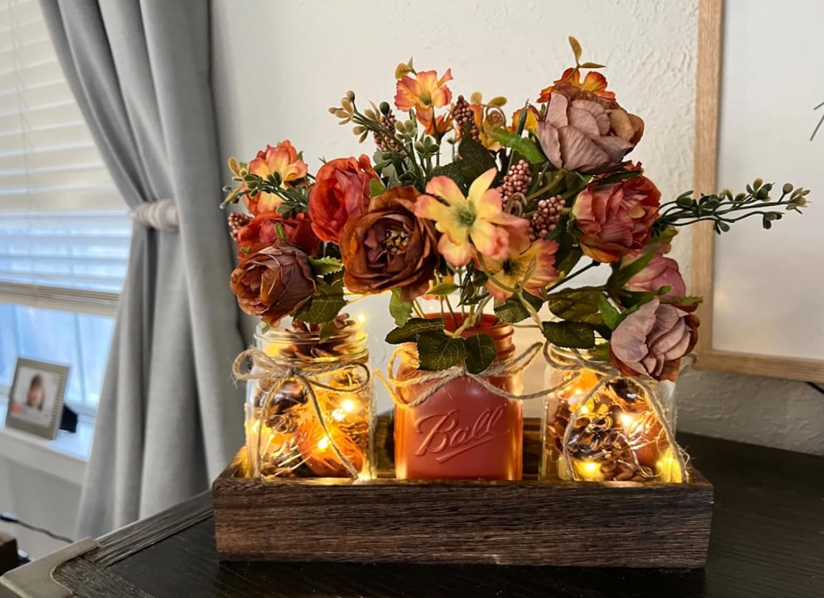 Fall Mason Jar Centerpiece with LED Fairy Lights & Silk Flowers
