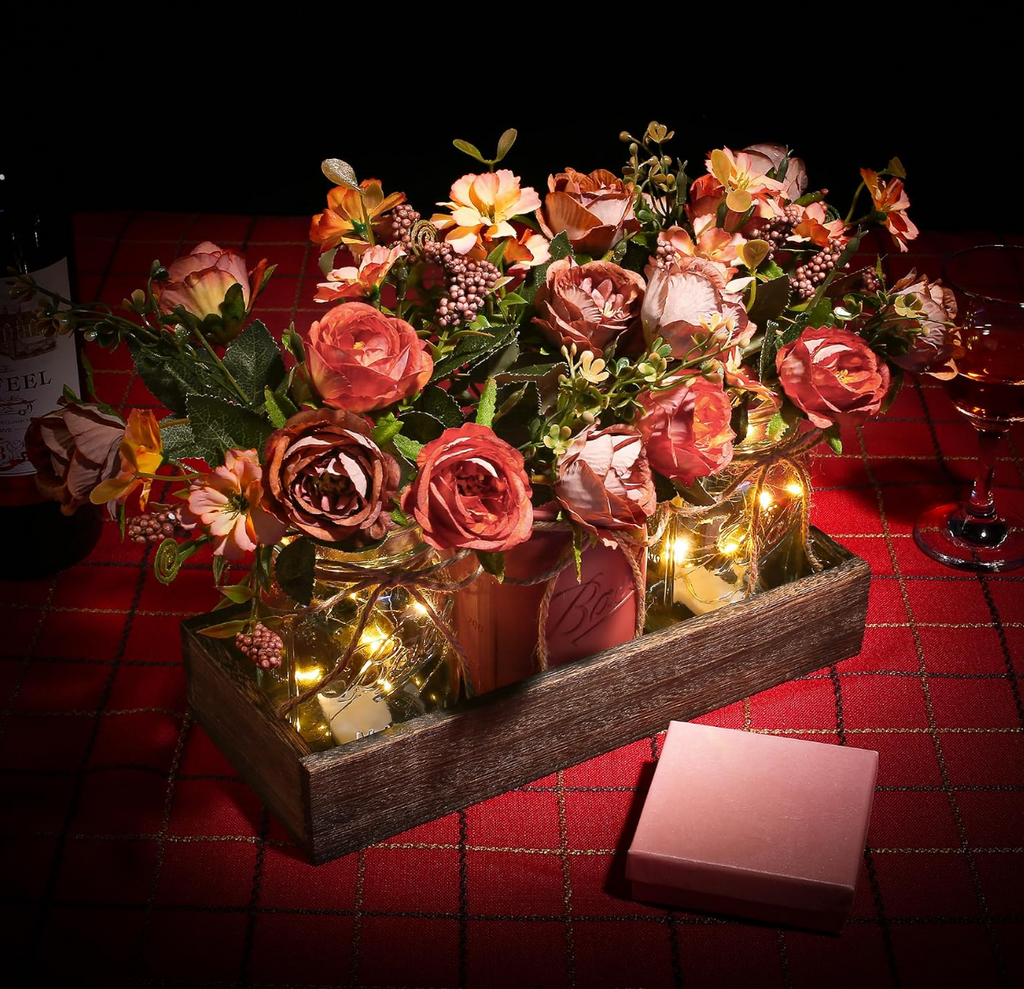 Fall Mason Jar Centerpiece with LED Fairy Lights & Silk Flowers