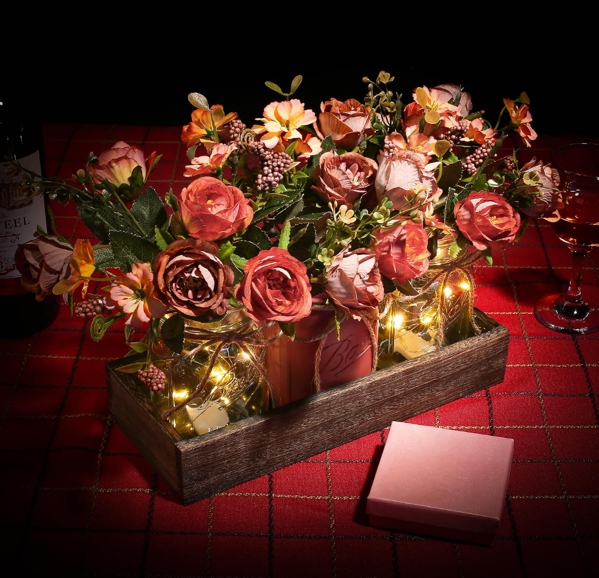 Fall Mason Jar Centerpiece with LED Fairy Lights & Silk Flowers
