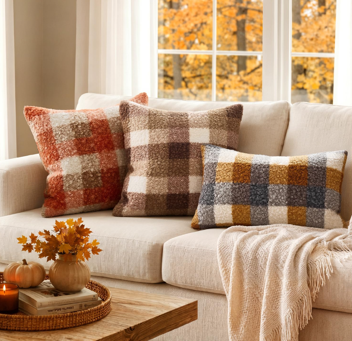 Fall Buffalo Plaid Boucle Throw Pillow Covers – Set of 2