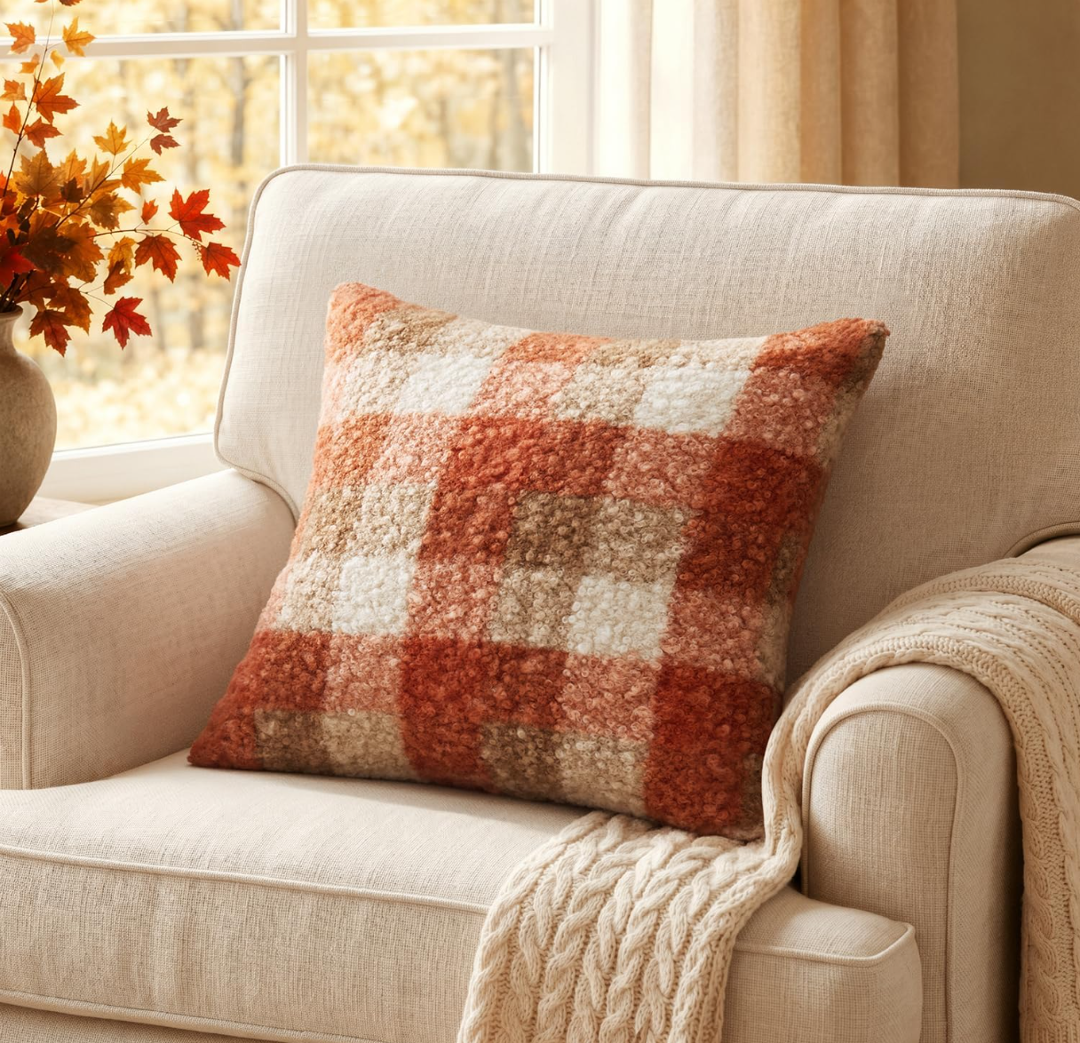 Fall Buffalo Plaid Boucle Throw Pillow Covers – Set of 2