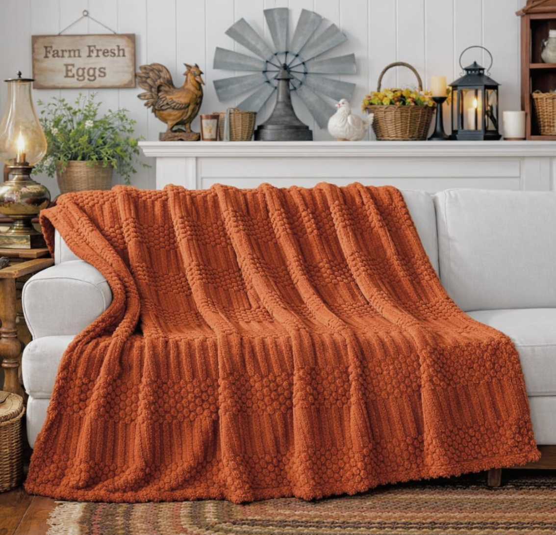 Rust Waffle Knit Fleece Throw Blanket – Cozy Fall Essential