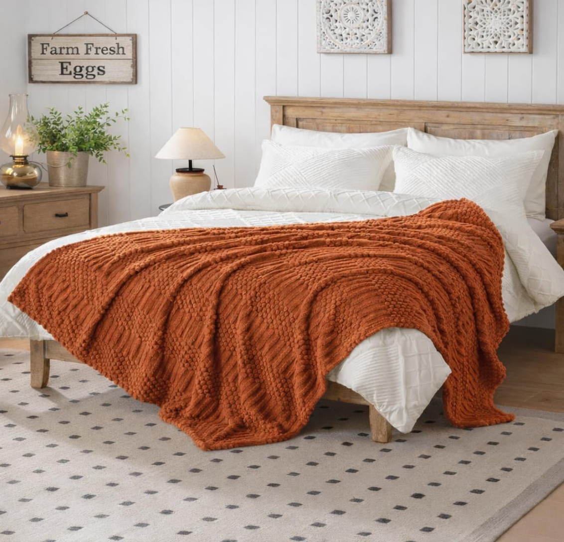 Rust Waffle Knit Fleece Throw Blanket – Cozy Fall Essential