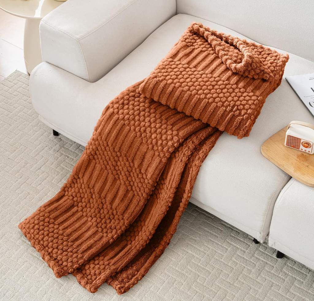 Rust Waffle Knit Fleece Throw Blanket – Cozy Fall Essential