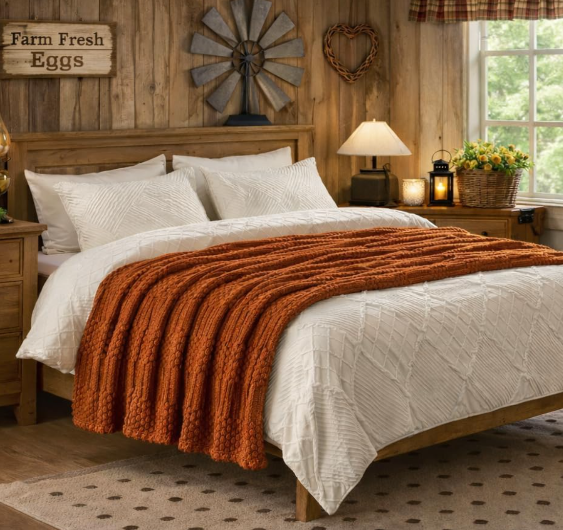 Rust Waffle Knit Fleece Throw Blanket – Cozy Fall Essential