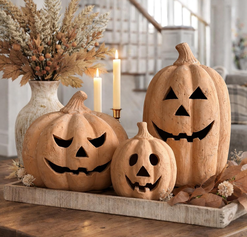 Rustic Handcrafted Jack-o'-Lantern Figurines – Set of 3