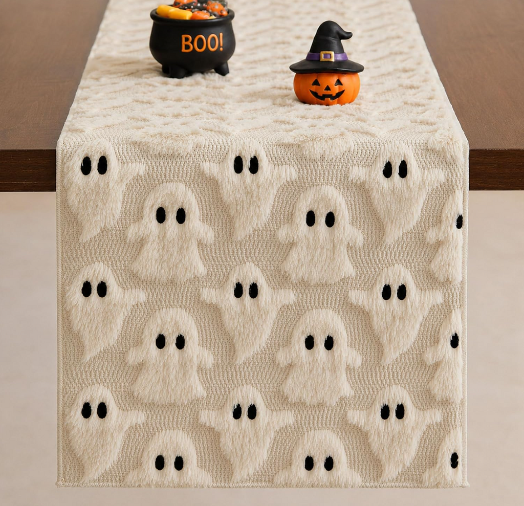 Halloween Ghost Plush Table Runner – Fluffy Spooky Table Décor