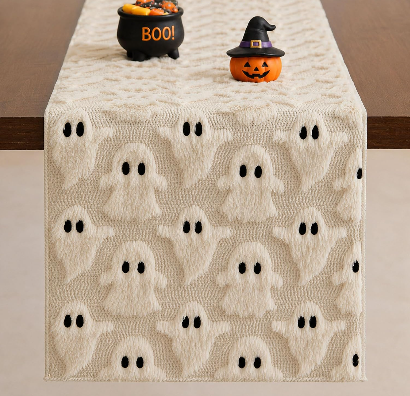 Halloween Ghost Plush Table Runner – Fluffy Spooky Table Décor