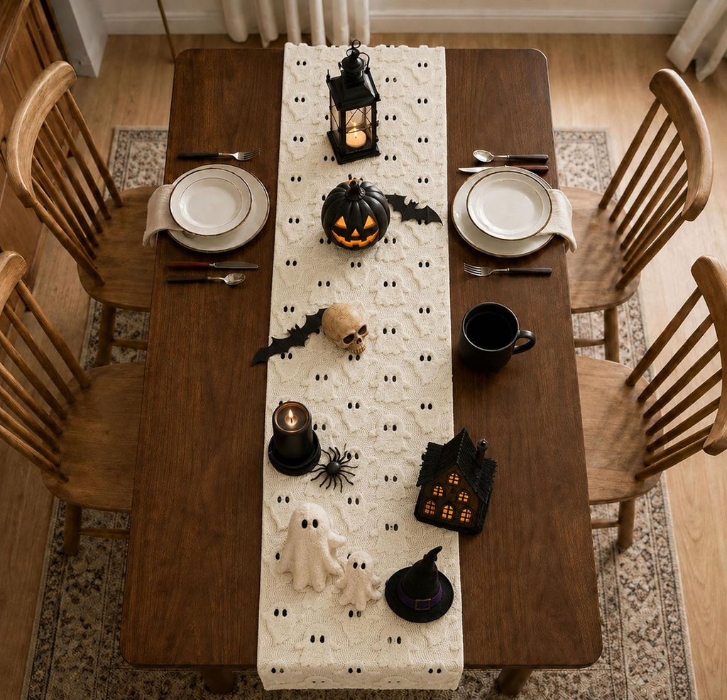Halloween Ghost Plush Table Runner – Fluffy Spooky Table Décor