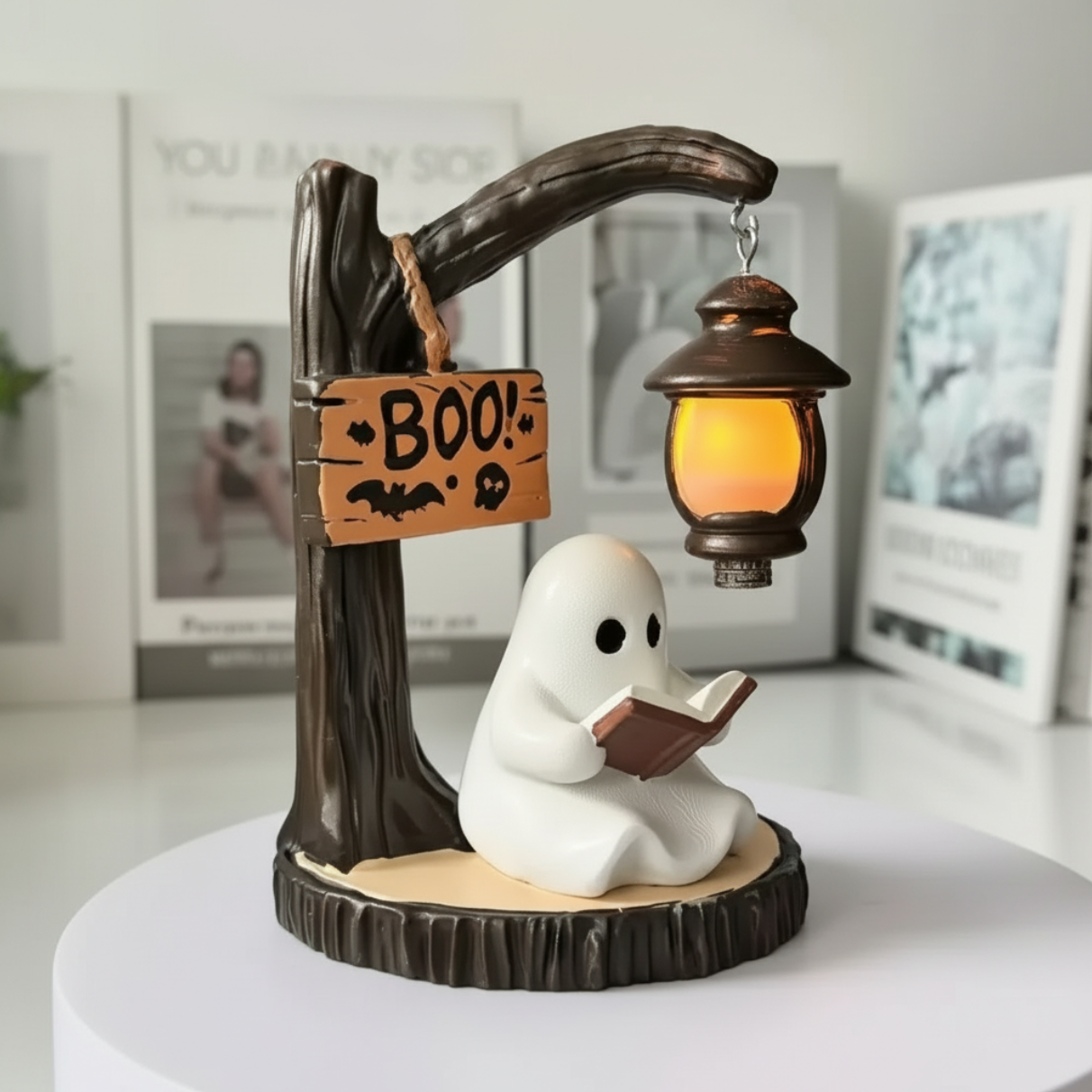 Ghost Reading Figurine with Glowing Lantern – Halloween Home Décor