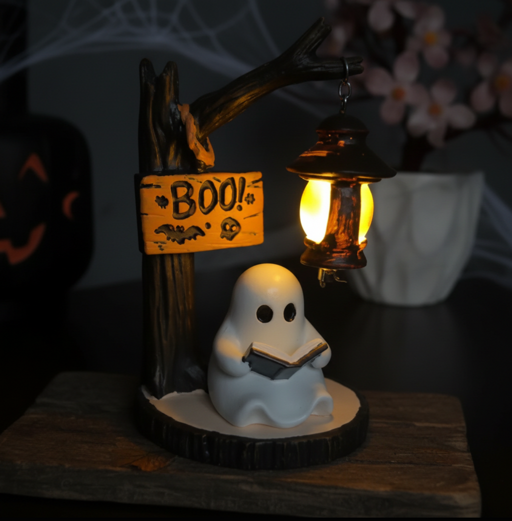 Ghost Reading Figurine with Glowing Lantern – Halloween Home Décor