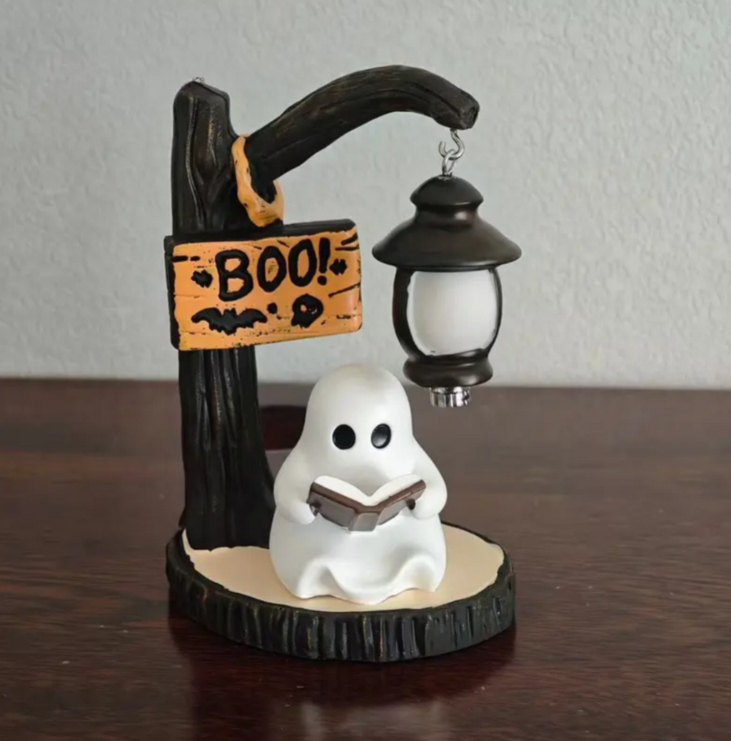 Ghost Reading Figurine with Glowing Lantern – Halloween Home Décor