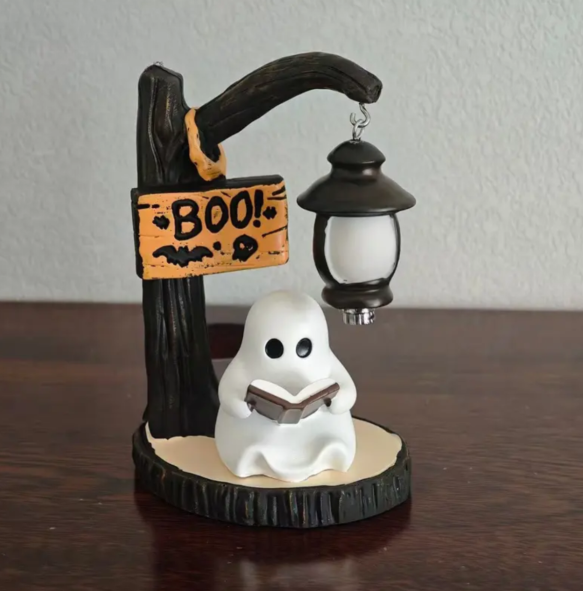 Ghost Reading Figurine with Glowing Lantern – Halloween Home Décor