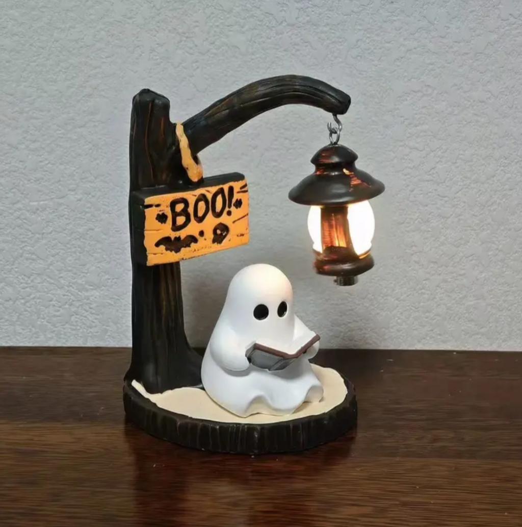 Ghost Reading Figurine with Glowing Lantern – Halloween Home Décor