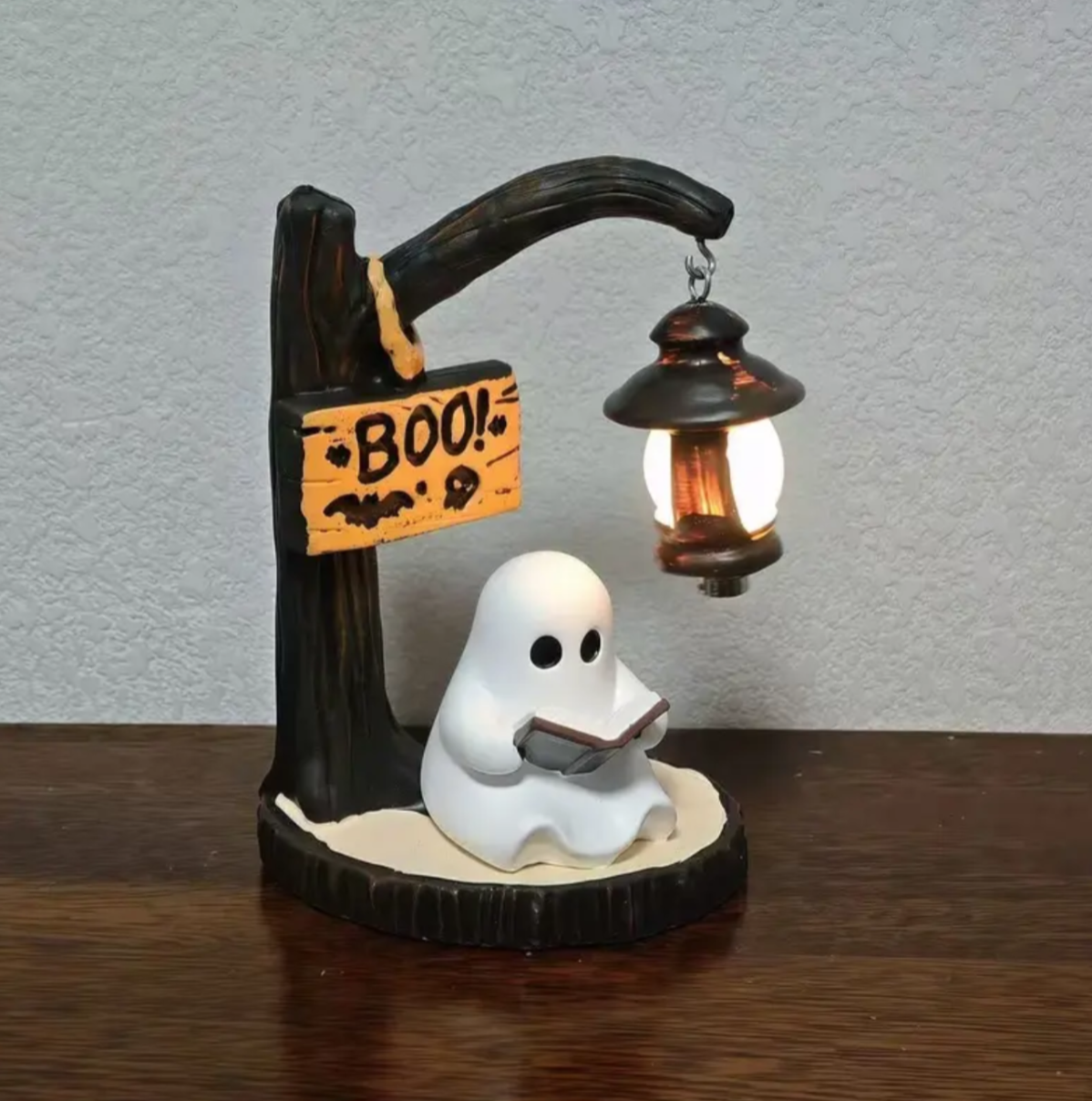 Ghost Reading Figurine with Glowing Lantern – Halloween Home Décor