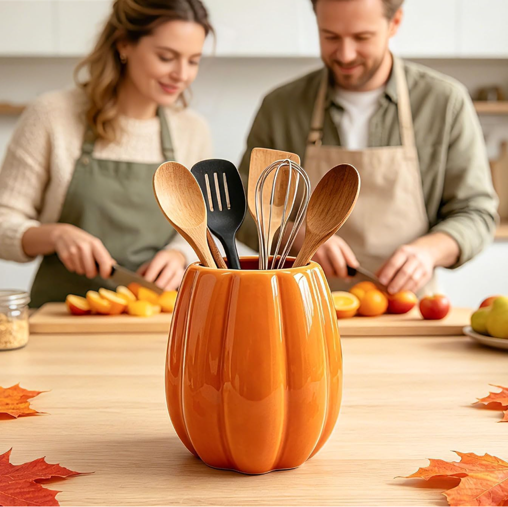 Ceramic Pumpkin Utensil Holder – Fall Kitchen Décor
