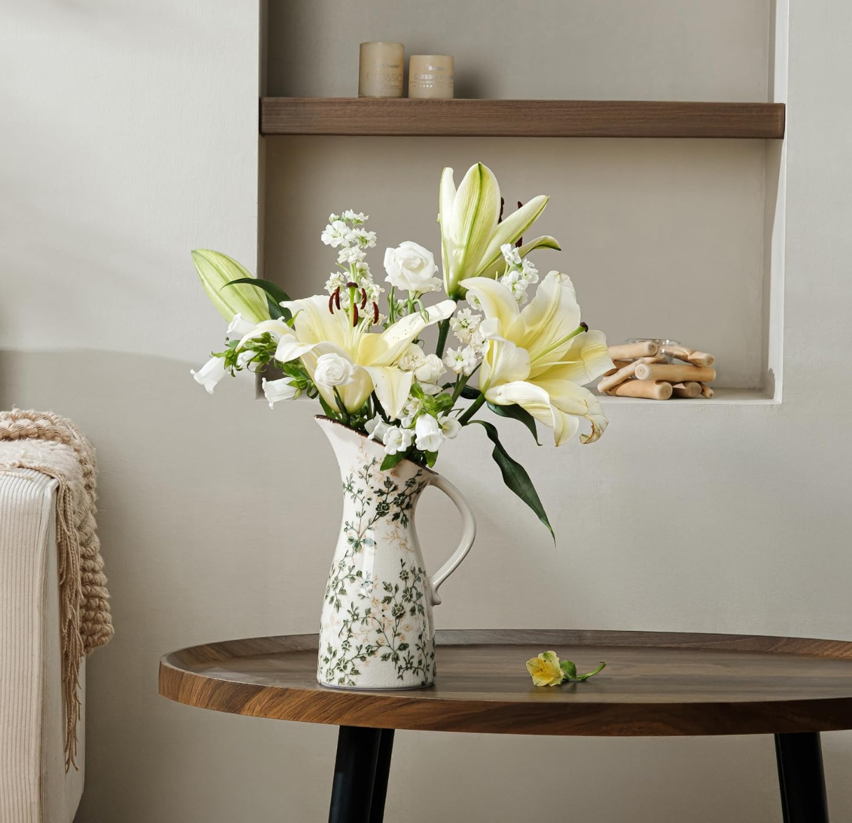 Ceramic Botanical Floral Pitcher Vase – Cottagecore Home Décor