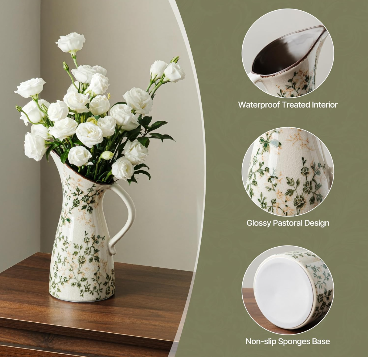 Ceramic Botanical Floral Pitcher Vase – Cottagecore Home Décor