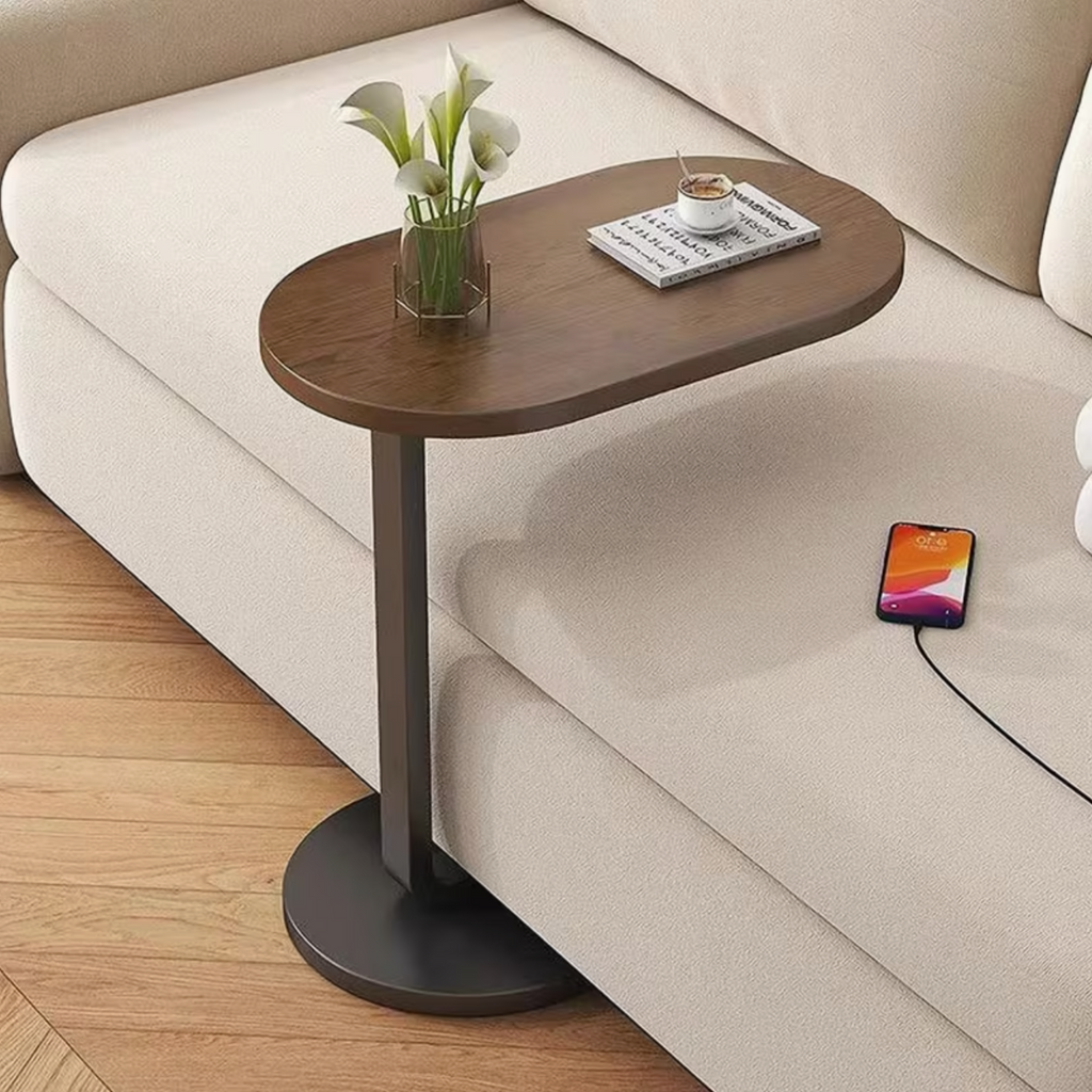 Modern C-Shape Side Table – Walnut Wood Top & Metal Pedestal Base