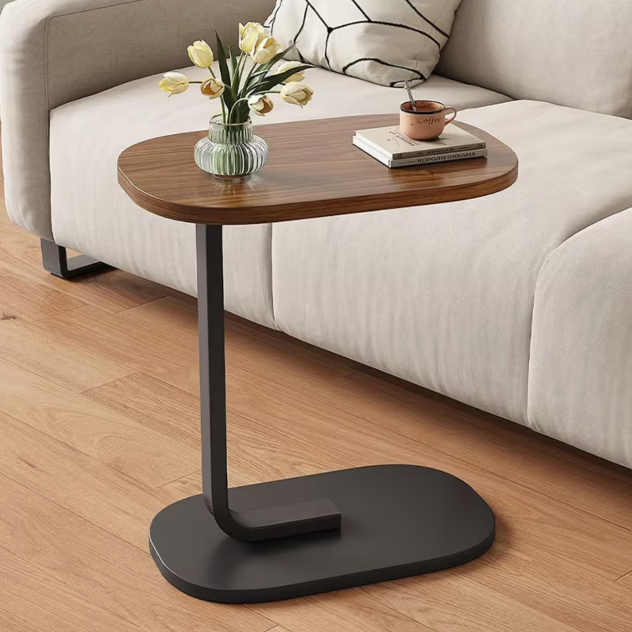 Modern C-Shape Side Table – Walnut Wood Top & Metal Pedestal Base