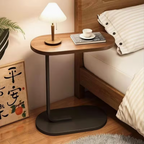 Modern C-Shape Side Table – Walnut Wood Top & Metal Pedestal Base