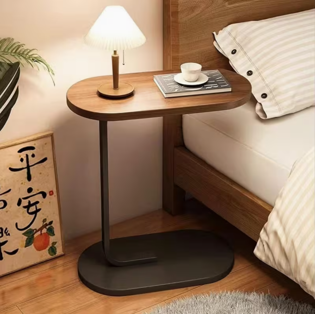 Modern C-Shape Side Table – Walnut Wood Top & Metal Pedestal Base