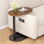 Modern C-Shape Side Table – Walnut Wood Top & Metal Pedestal Base