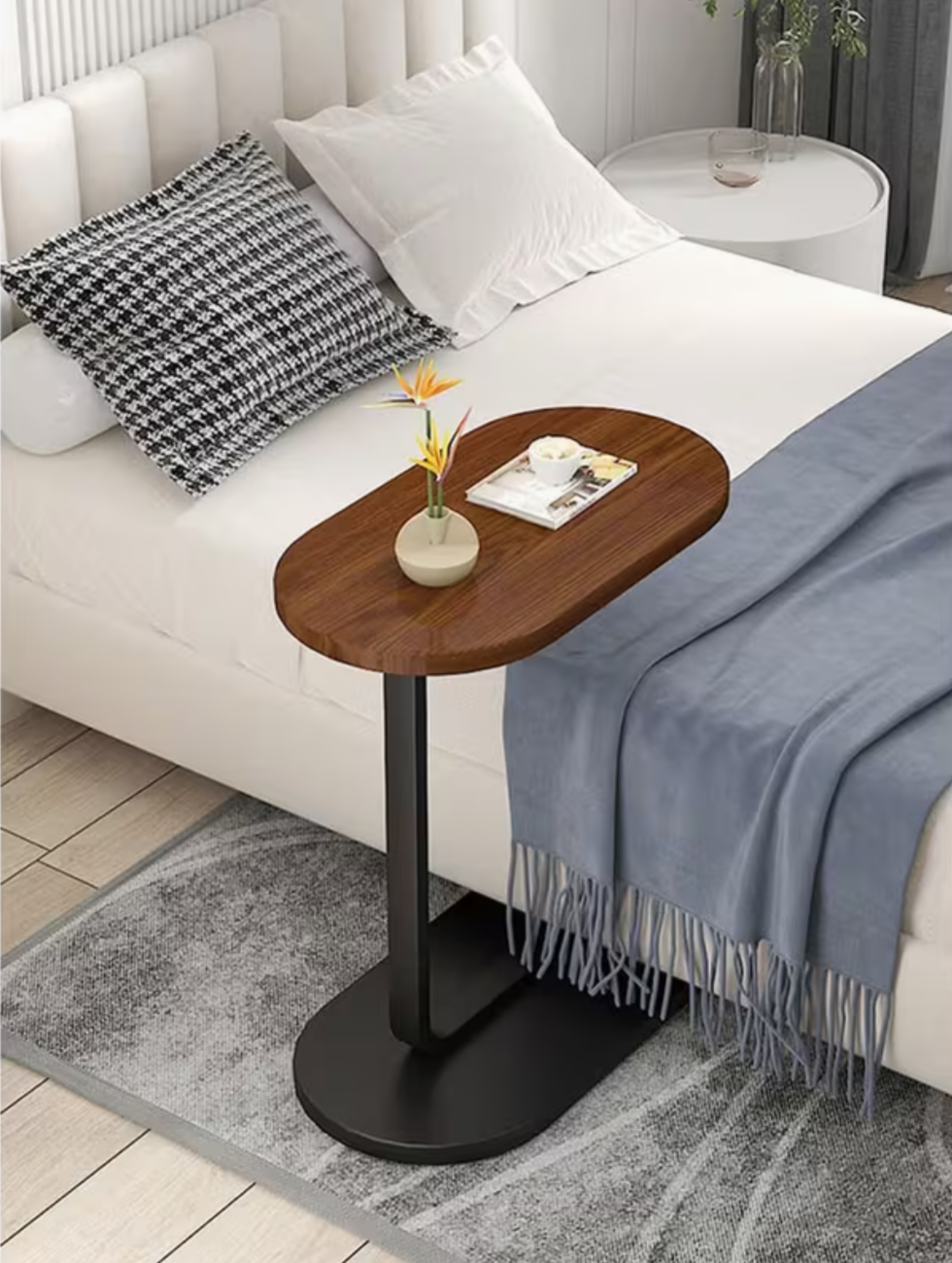 Modern C-Shape Side Table – Walnut Wood Top & Metal Pedestal Base