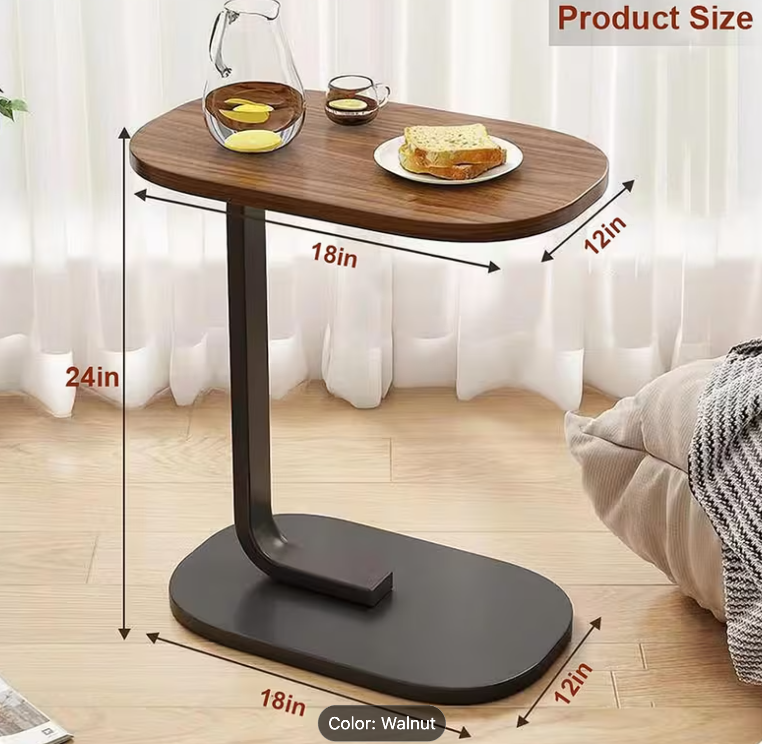 Modern C-Shape Side Table – Walnut Wood Top & Metal Pedestal Base
