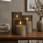 Ribbed Smoked Glass LED Flameless Candles – Set of 3