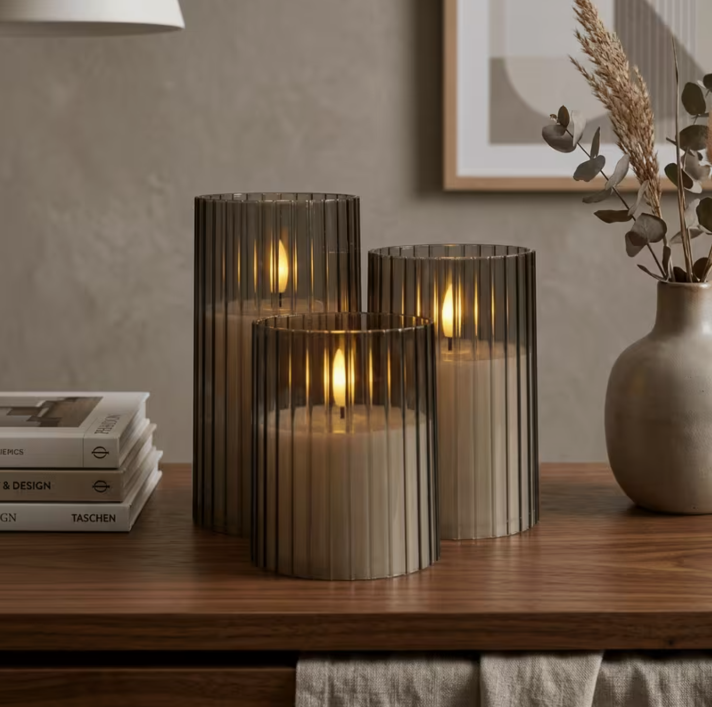 Ribbed Smoked Glass LED Flameless Candles – Set of 3