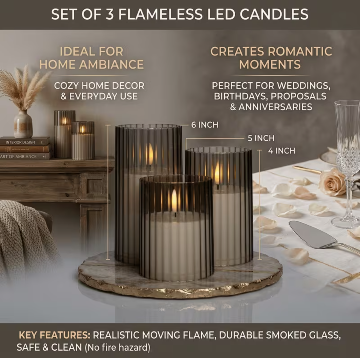 Ribbed Smoked Glass LED Flameless Candles – Set of 3
