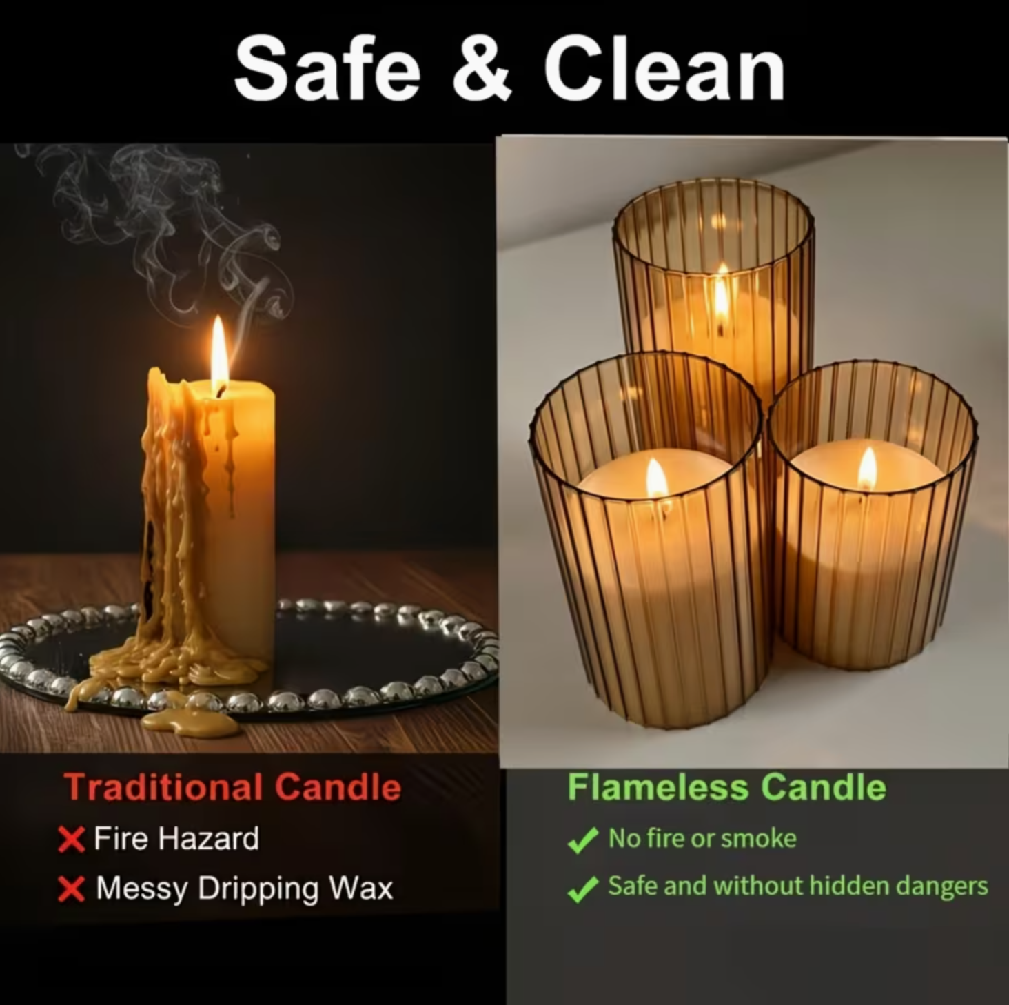 Ribbed Smoked Glass LED Flameless Candles – Set of 3