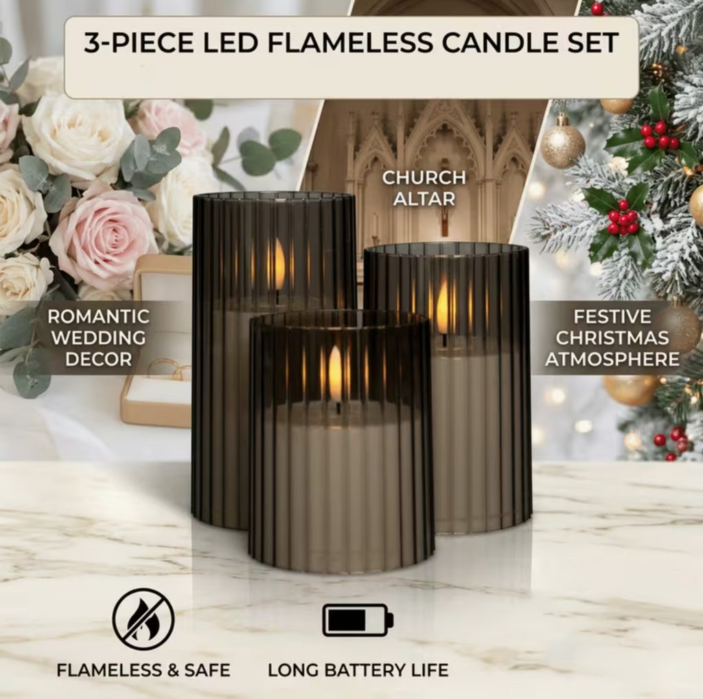 Ribbed Smoked Glass LED Flameless Candles – Set of 3