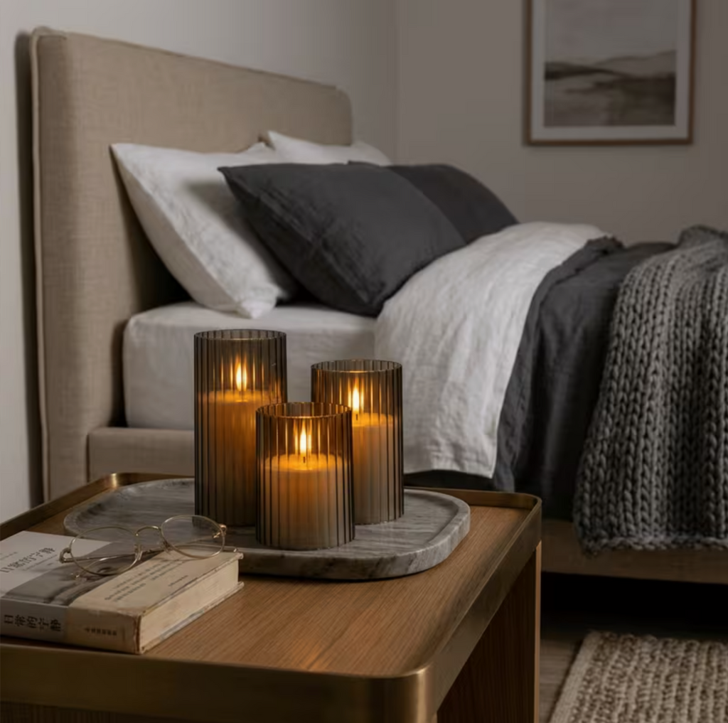 Ribbed Smoked Glass LED Flameless Candles – Set of 3