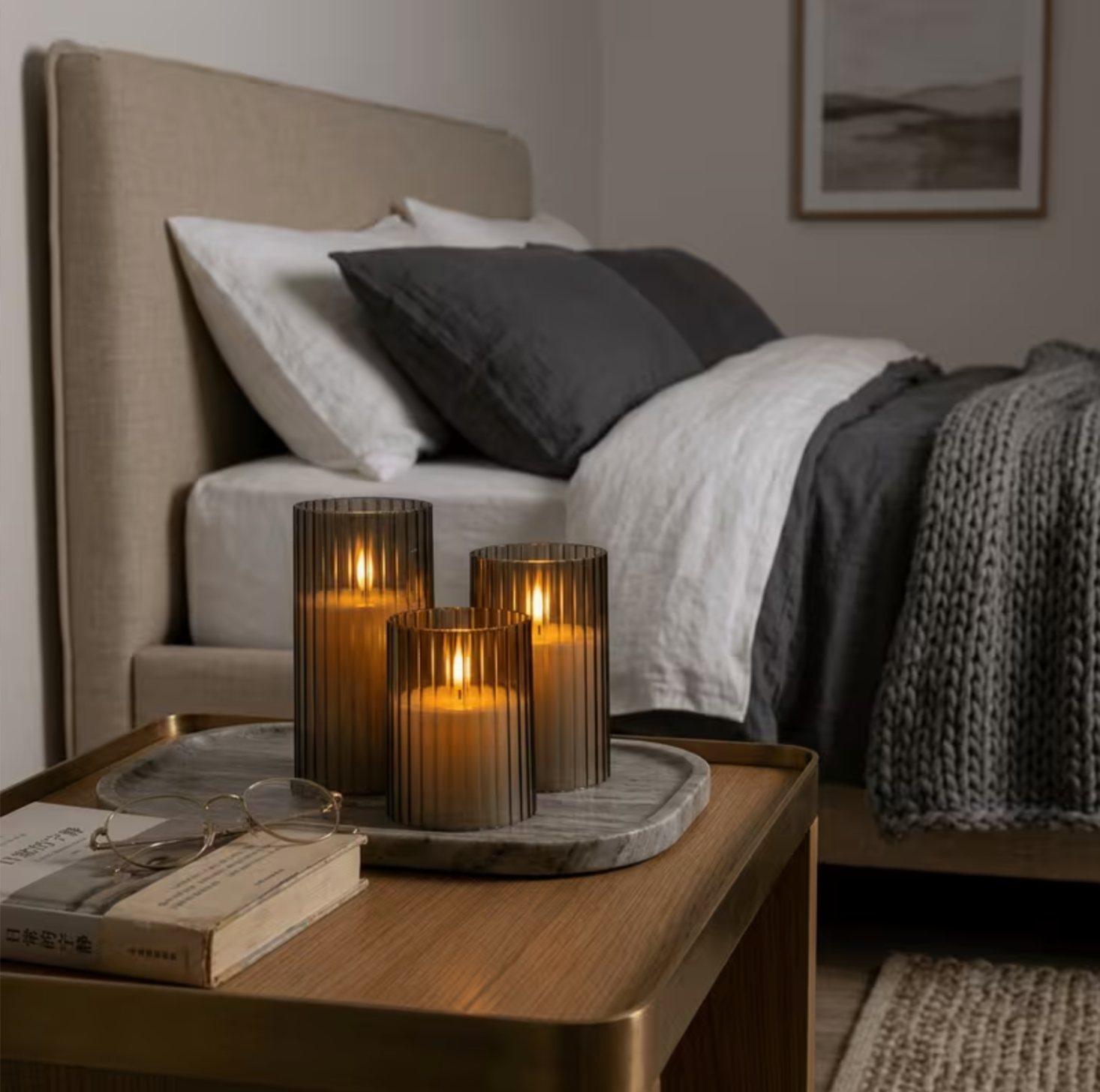 Ribbed Smoked Glass LED Flameless Candles – Set of 3