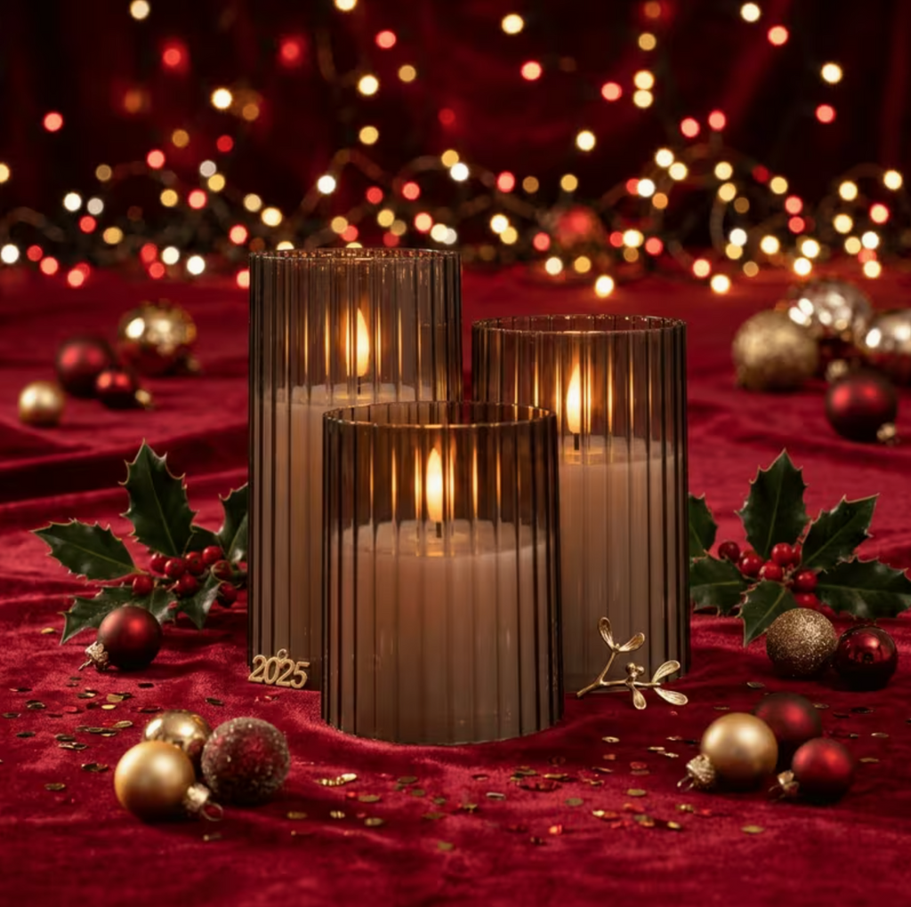 Ribbed Smoked Glass LED Flameless Candles – Set of 3