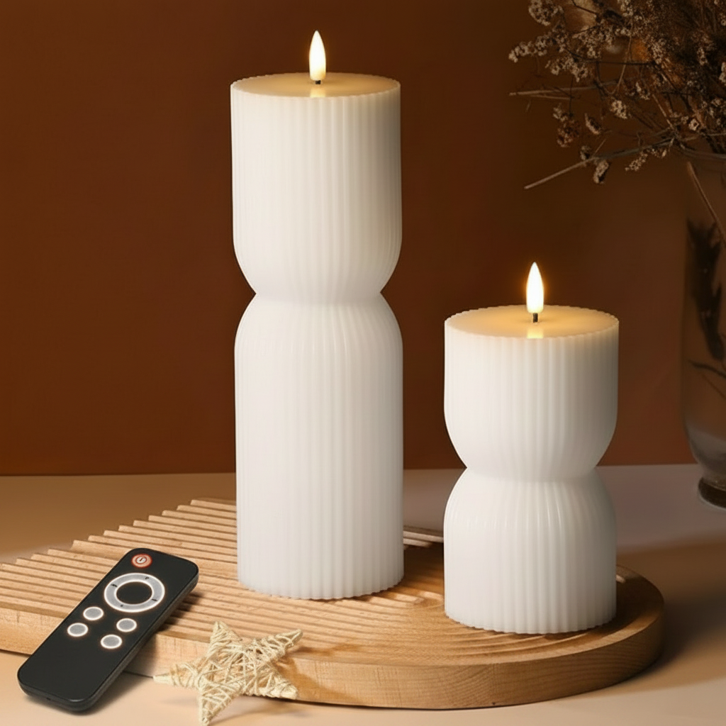 Ribbed Hourglass LED Flameless Pillar Candles with Remote – Set of 2