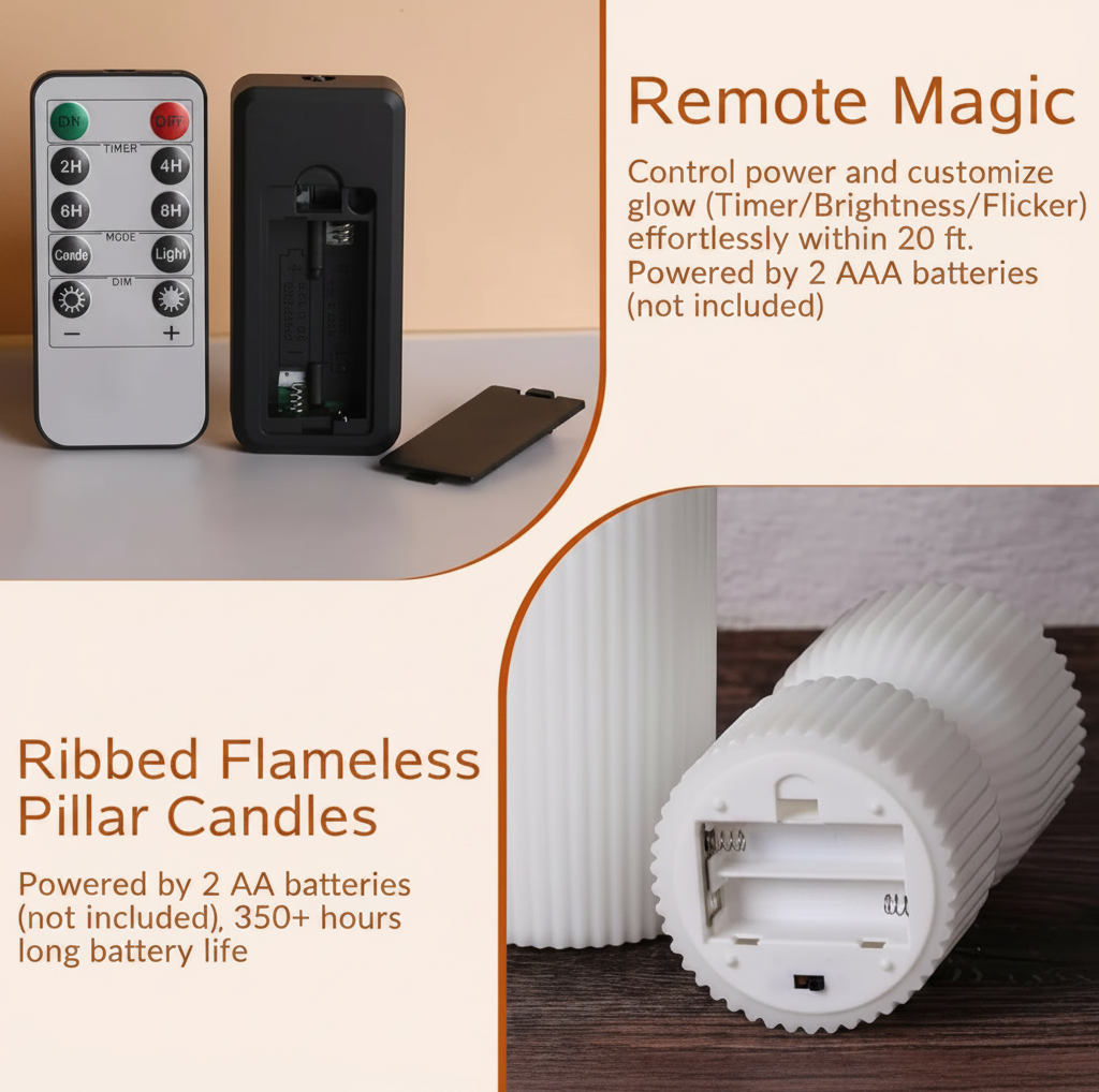 Ribbed Hourglass LED Flameless Pillar Candles with Remote – Set of 2