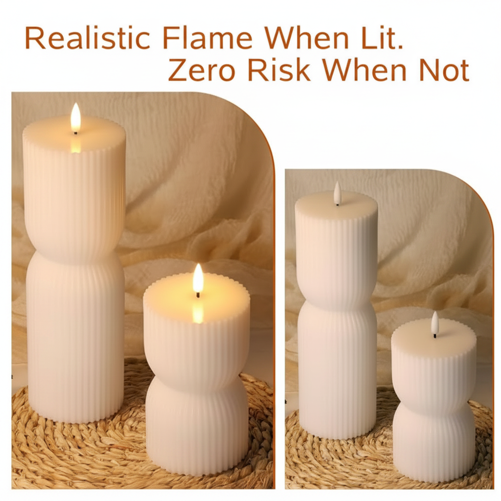 Ribbed Hourglass LED Flameless Pillar Candles with Remote – Set of 2